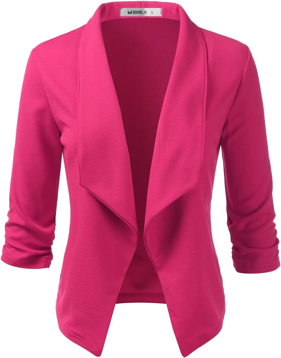 DOUBLJU Ruched 3/4 Sleeve Open Front Draped Blazers Business Casual Basic Work Jackets for Womens Clothes with Plus Size