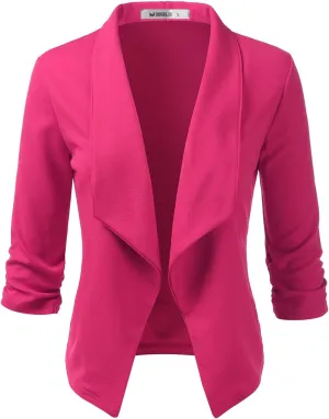 DOUBLJU Ruched 3/4 Sleeve Open Front Draped Blazers Business Casual Basic Work Jackets for Womens Clothes with Plus Size