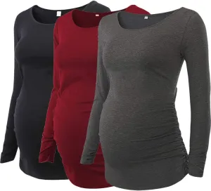 Ecavus 3Pack Women's Maternity Tunic Tops Long Sleeve Flattering Side Ruched Pregnancy Shirt
