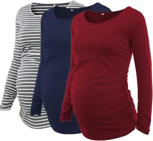 Ecavus 3Pack Women's Maternity Tunic Tops Long Sleeve Flattering Side Ruched Pregnancy Shirt