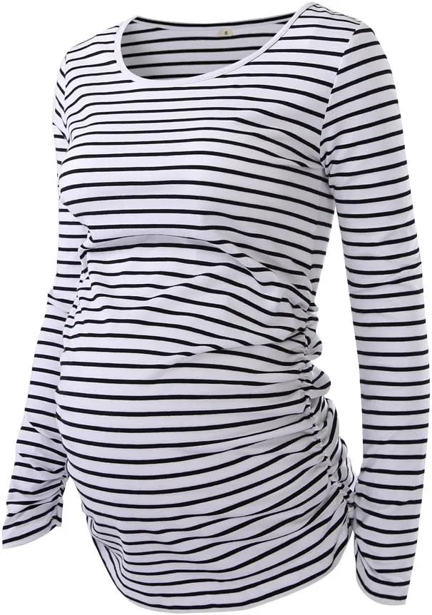 Ecavus 3Pack Women's Maternity Tunic Tops Long Sleeve Flattering Side Ruched Pregnancy Shirt