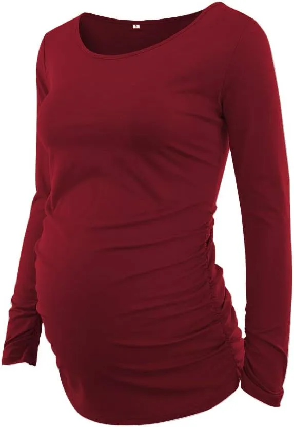 Ecavus 3Pack Women's Maternity Tunic Tops Long Sleeve Flattering Side Ruched Pregnancy Shirt