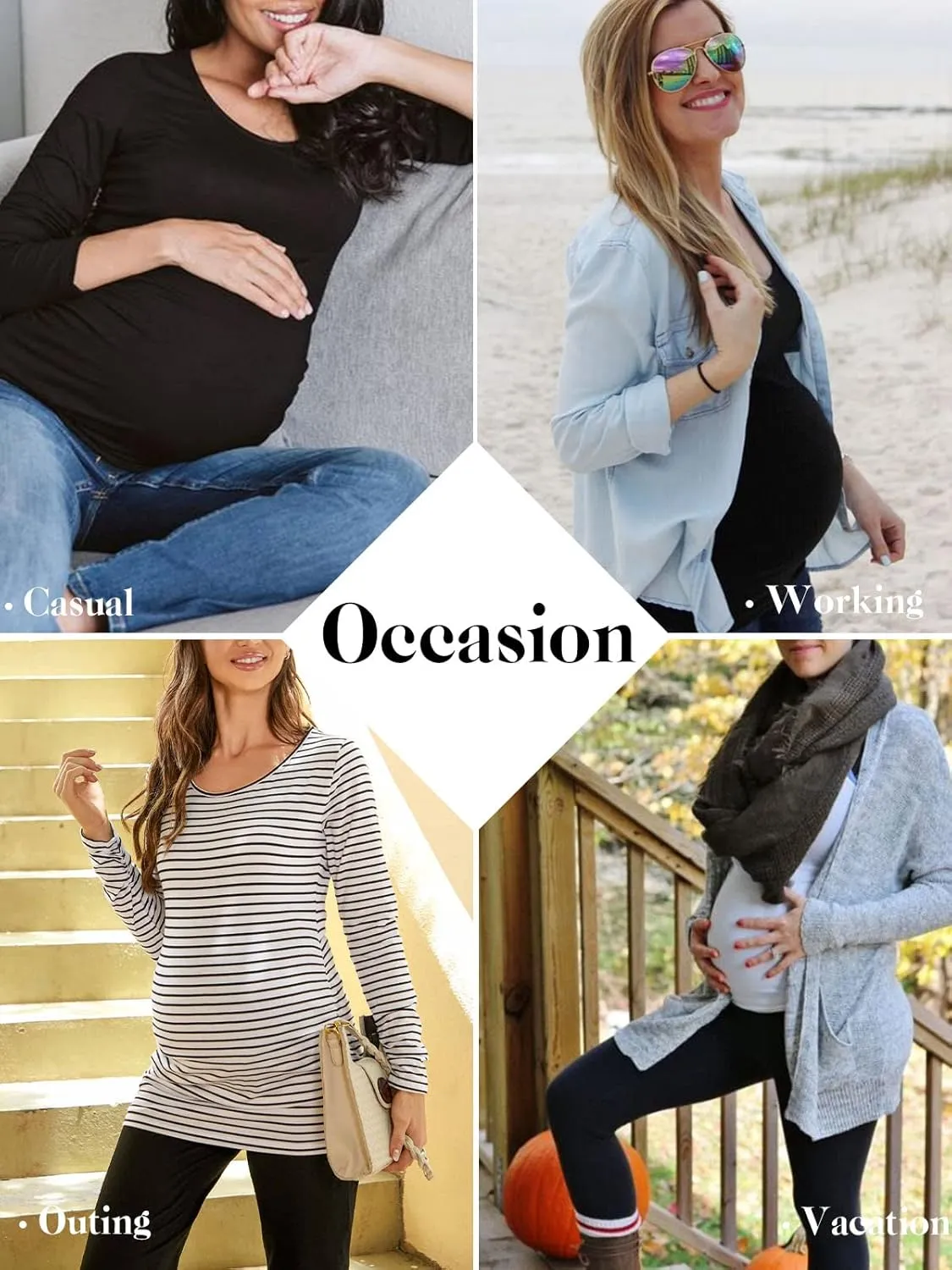 Ecavus 3Pack Women's Maternity Tunic Tops Long Sleeve Flattering Side Ruched Pregnancy Shirt