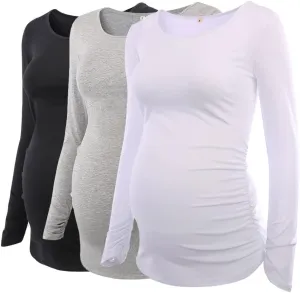 Ecavus 3Pack Women's Maternity Tunic Tops Long Sleeve Flattering Side Ruched Pregnancy Shirt