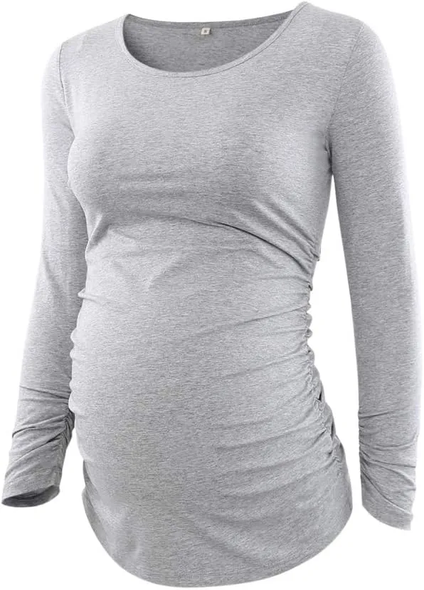 Ecavus 3Pack Women's Maternity Tunic Tops Long Sleeve Flattering Side Ruched Pregnancy Shirt