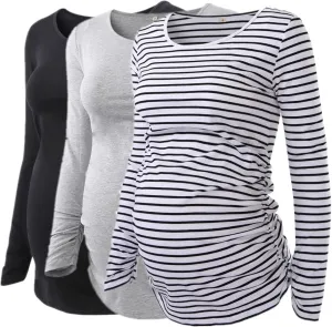 Ecavus 3Pack Women's Maternity Tunic Tops Long Sleeve Flattering Side Ruched Pregnancy Shirt