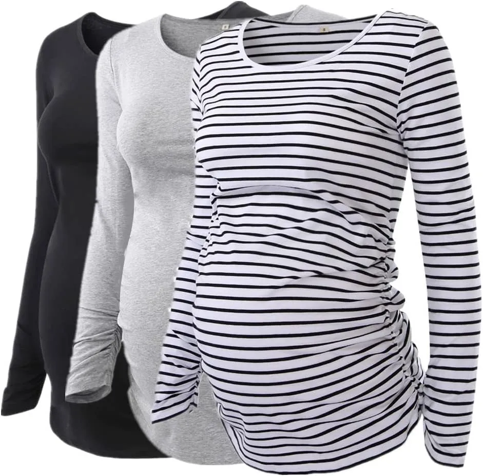 Ecavus 3Pack Women's Maternity Tunic Tops Long Sleeve Flattering Side Ruched Pregnancy Shirt