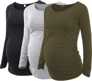 Ecavus 3Pack Women's Maternity Tunic Tops Long Sleeve Flattering Side Ruched Pregnancy Shirt
