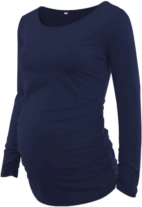 Ecavus 3Pack Women's Maternity Tunic Tops Long Sleeve Flattering Side Ruched Pregnancy Shirt