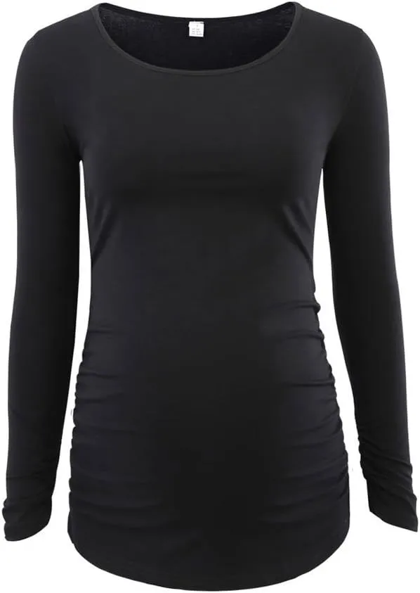 Ecavus 3Pack Women's Maternity Tunic Tops Long Sleeve Flattering Side Ruched Pregnancy Shirt