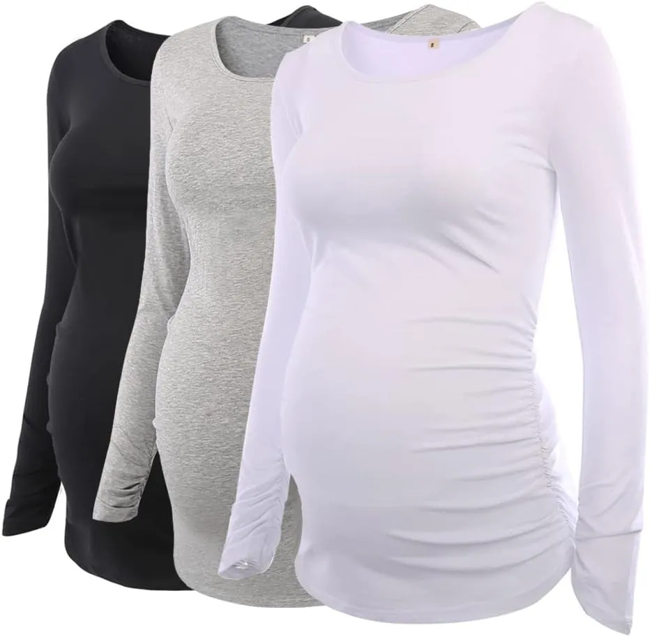 Ecavus 3Pack Women's Maternity Tunic Tops Long Sleeve Flattering Side Ruched Pregnancy Shirt
