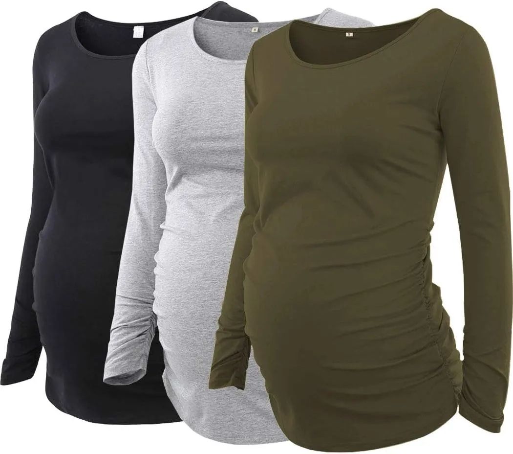 Ecavus 3Pack Women's Maternity Tunic Tops Long Sleeve Flattering Side Ruched Pregnancy Shirt