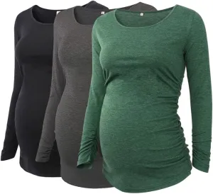 Ecavus 3Pack Women's Maternity Tunic Tops Long Sleeve Flattering Side Ruched Pregnancy Shirt