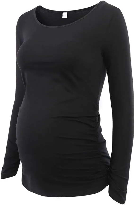 Ecavus 3Pack Women's Maternity Tunic Tops Long Sleeve Flattering Side Ruched Pregnancy Shirt