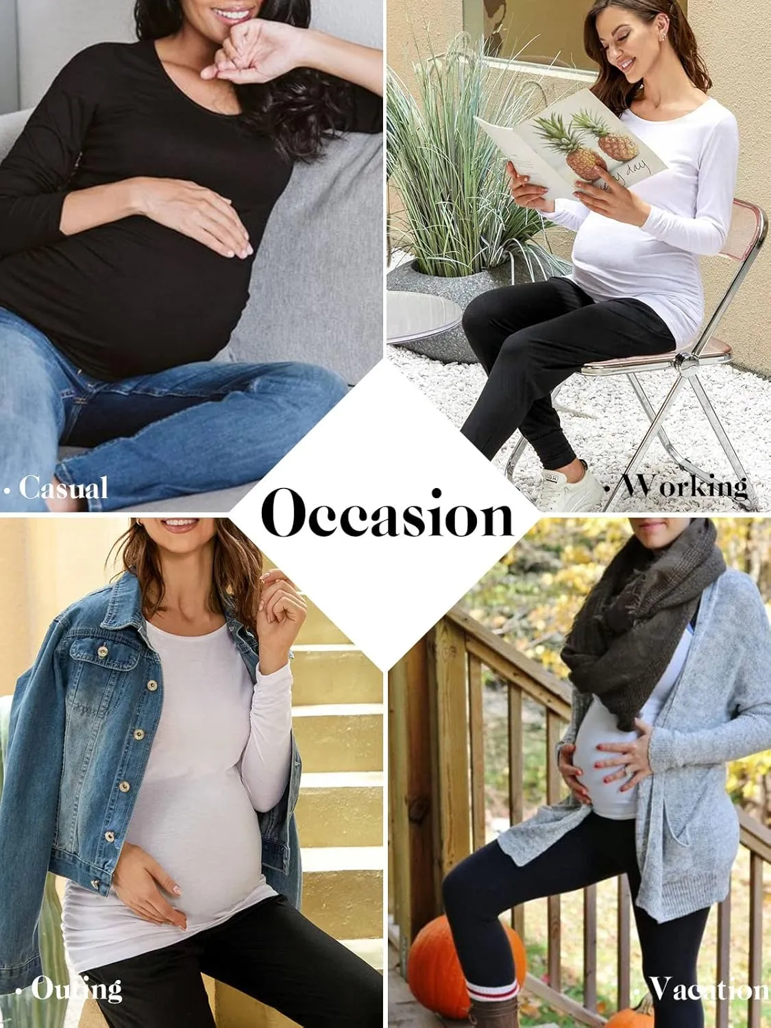 Ecavus 3Pack Women's Maternity Tunic Tops Long Sleeve Flattering Side Ruched Pregnancy Shirt