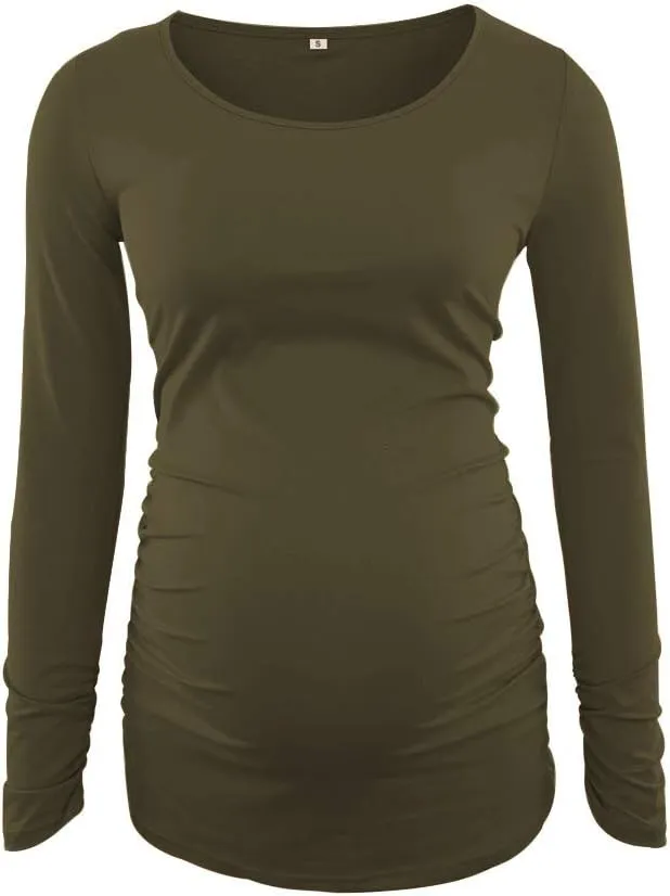 Ecavus 3Pack Women's Maternity Tunic Tops Long Sleeve Flattering Side Ruched Pregnancy Shirt