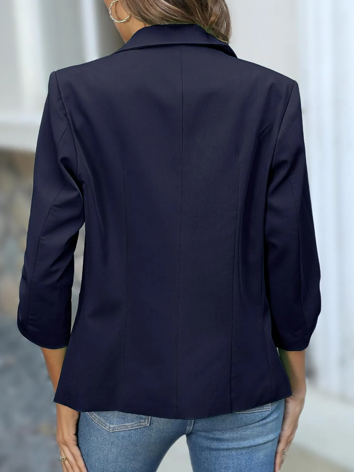 ELLEVEN Women's Ruched 3/4 Sleeve Blazers, Lightweight Slim Fit Jackets with Padded Shoulder for Business Casual