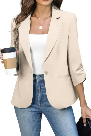 ELLEVEN Women's Ruched 3/4 Sleeve Blazers, Lightweight Slim Fit Jackets with Padded Shoulder for Business Casual