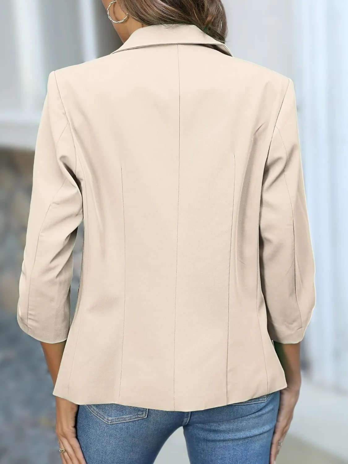 ELLEVEN Women's Ruched 3/4 Sleeve Blazers, Lightweight Slim Fit Jackets with Padded Shoulder for Business Casual