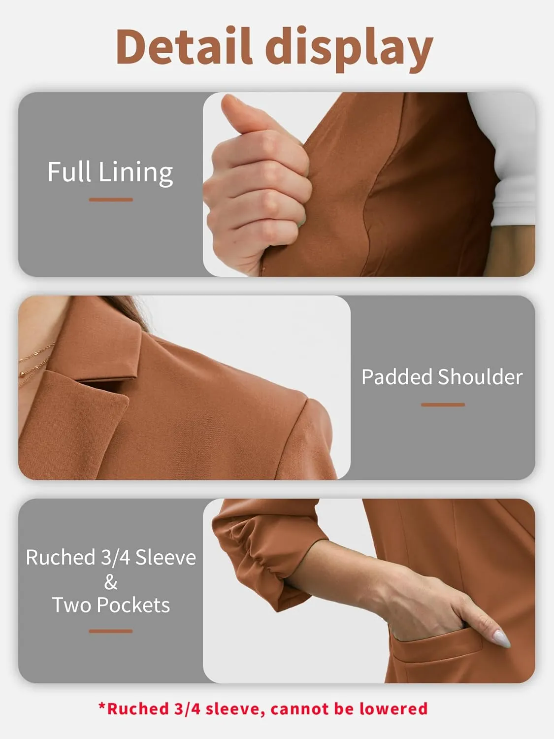 ELLEVEN Women's Ruched 3/4 Sleeve Blazers, Lightweight Slim Fit Jackets with Padded Shoulder for Business Casual