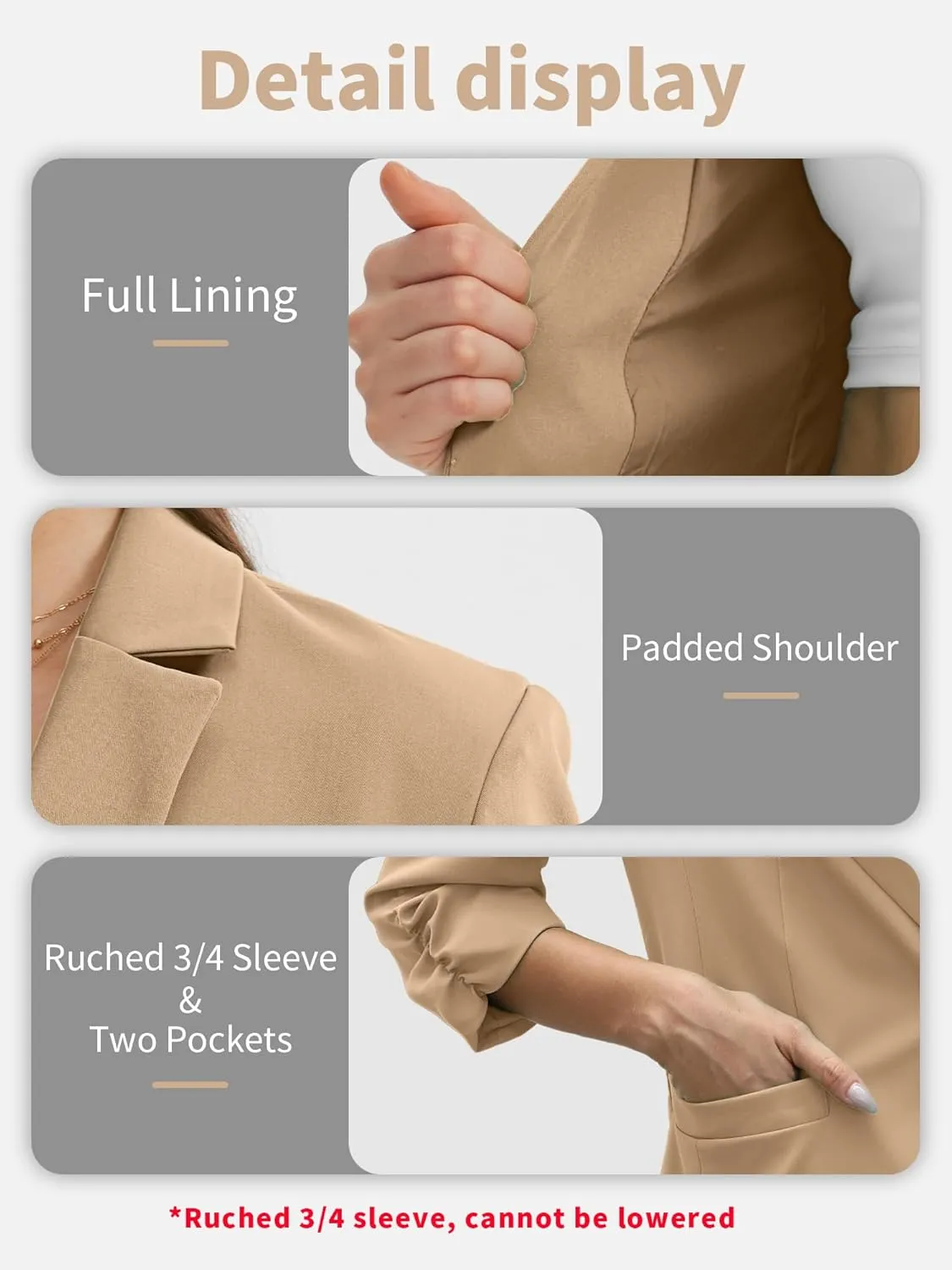ELLEVEN Women's Ruched 3/4 Sleeve Blazers, Lightweight Slim Fit Jackets with Padded Shoulder for Business Casual