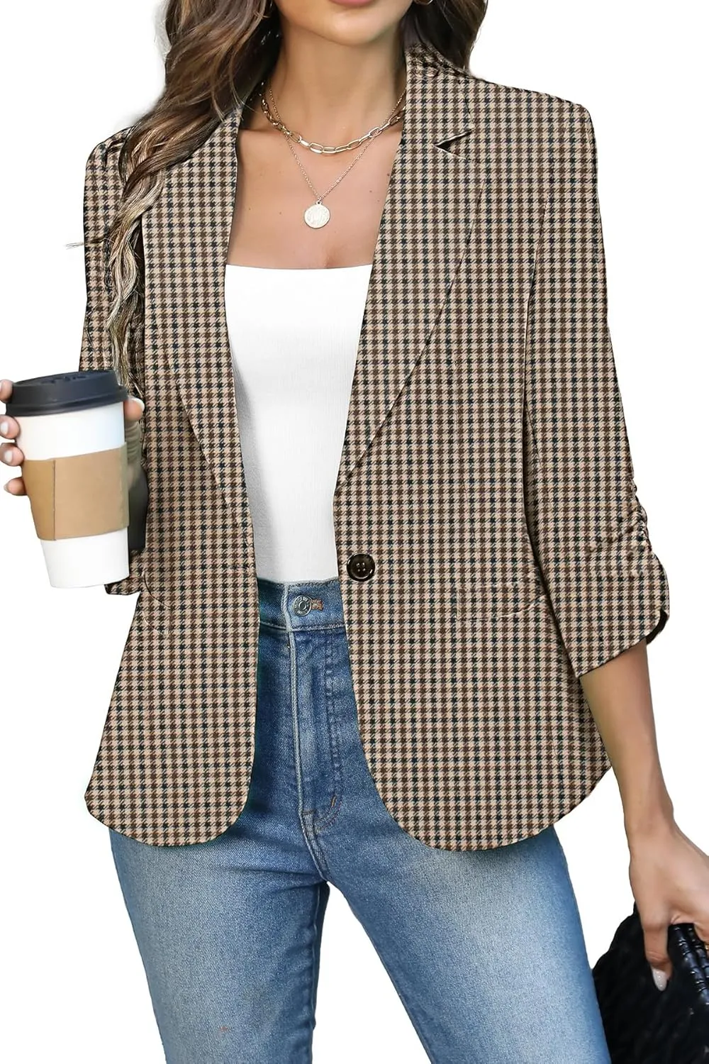 ELLEVEN Women's Ruched 3/4 Sleeve Blazers, Lightweight Slim Fit Jackets with Padded Shoulder for Business Casual
