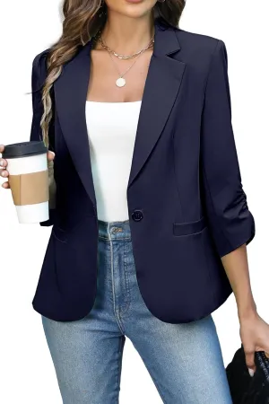 ELLEVEN Women's Ruched 3/4 Sleeve Blazers, Lightweight Slim Fit Jackets with Padded Shoulder for Business Casual