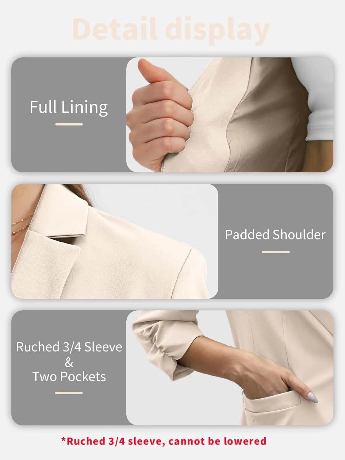 ELLEVEN Women's Ruched 3/4 Sleeve Blazers, Lightweight Slim Fit Jackets with Padded Shoulder for Business Casual