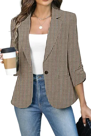 ELLEVEN Women's Ruched 3/4 Sleeve Blazers, Lightweight Slim Fit Jackets with Padded Shoulder for Business Casual