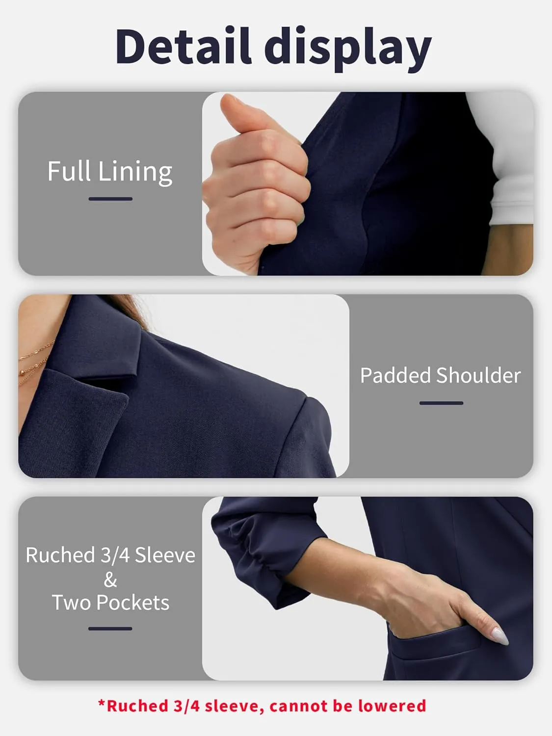 ELLEVEN Women's Ruched 3/4 Sleeve Blazers, Lightweight Slim Fit Jackets with Padded Shoulder for Business Casual
