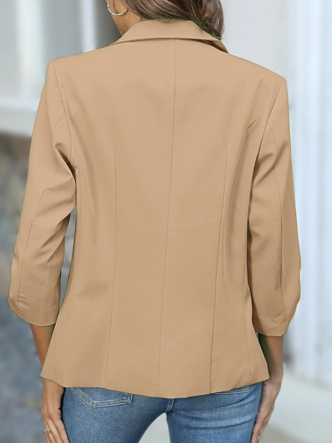 ELLEVEN Women's Ruched 3/4 Sleeve Blazers, Lightweight Slim Fit Jackets with Padded Shoulder for Business Casual