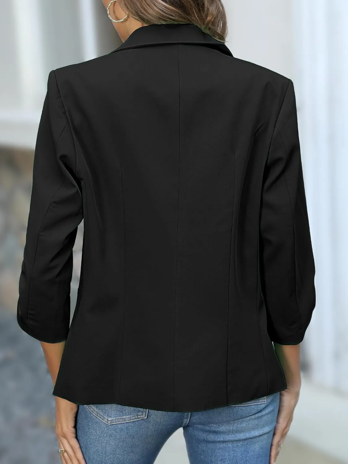 ELLEVEN Women's Ruched 3/4 Sleeve Blazers, Lightweight Slim Fit Jackets with Padded Shoulder for Business Casual