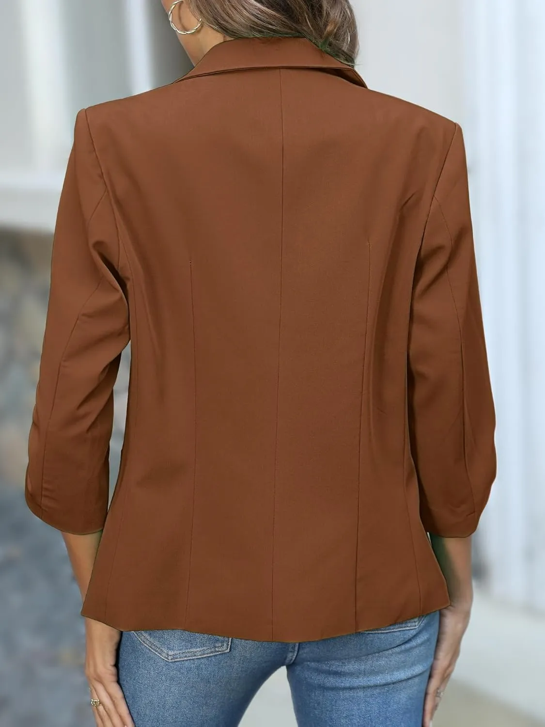ELLEVEN Women's Ruched 3/4 Sleeve Blazers, Lightweight Slim Fit Jackets with Padded Shoulder for Business Casual