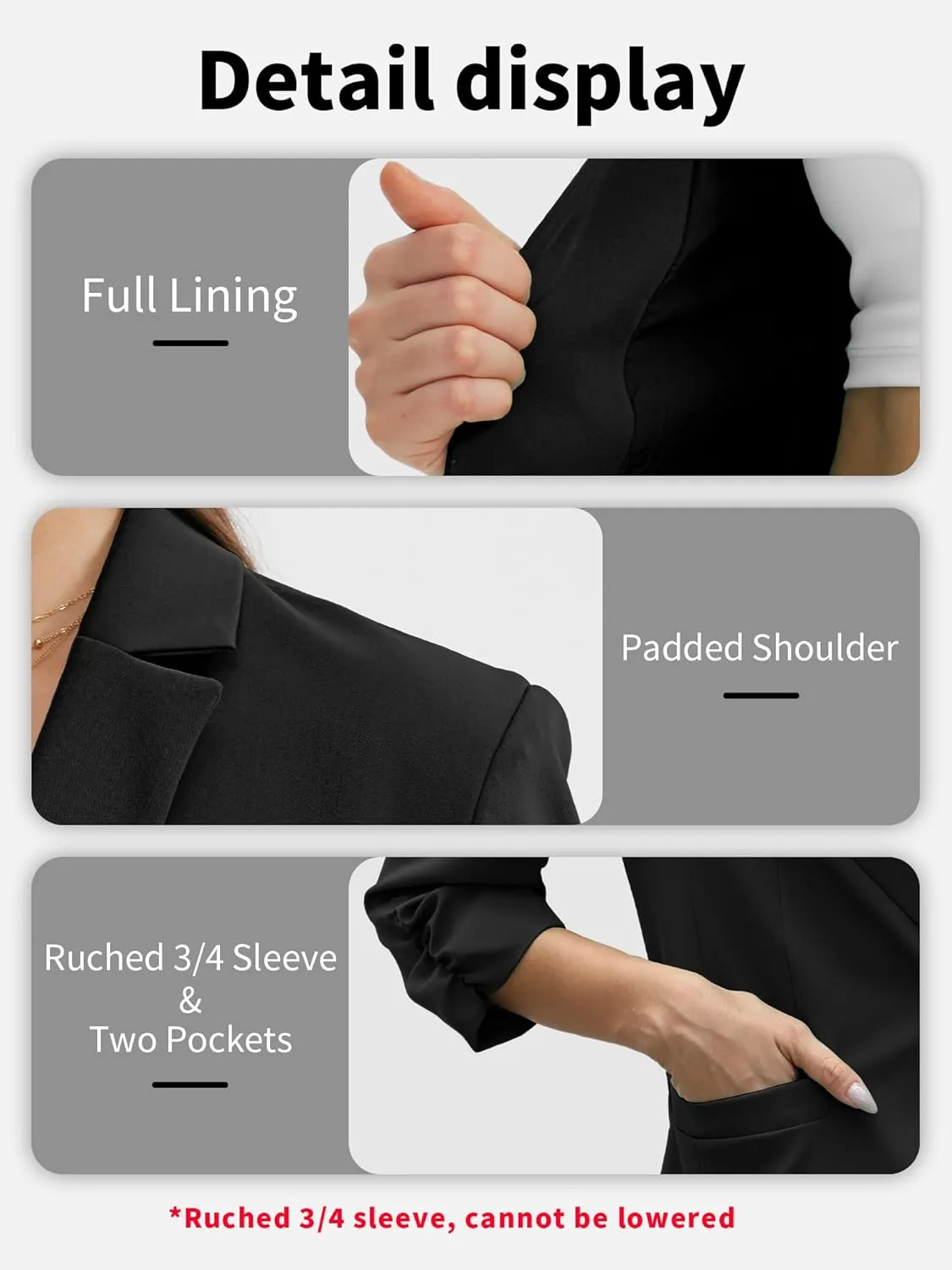 ELLEVEN Women's Ruched 3/4 Sleeve Blazers, Lightweight Slim Fit Jackets with Padded Shoulder for Business Casual