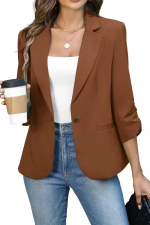 ELLEVEN Women's Ruched 3/4 Sleeve Blazers, Lightweight Slim Fit Jackets with Padded Shoulder for Business Casual