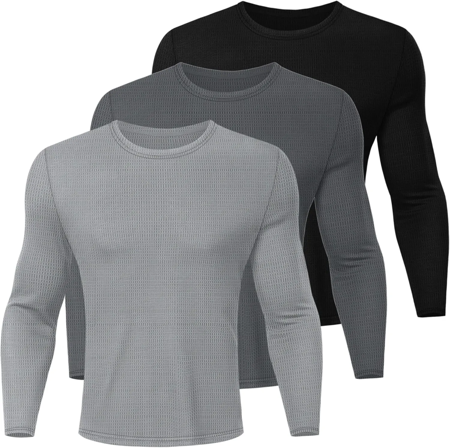Ficerd 3 Pack Men's Waffle Long Sleeve Shirts, Crew Neck Thermal Underwear Tops Casual Pullover Sweaters Knit Undershirts