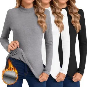 Ficerd 3 Pack Women's Mock Turtleneck Shirts, Fleece Lined Thermal Underwear Tops Long Sleeve Tight Base Layer Undershirts