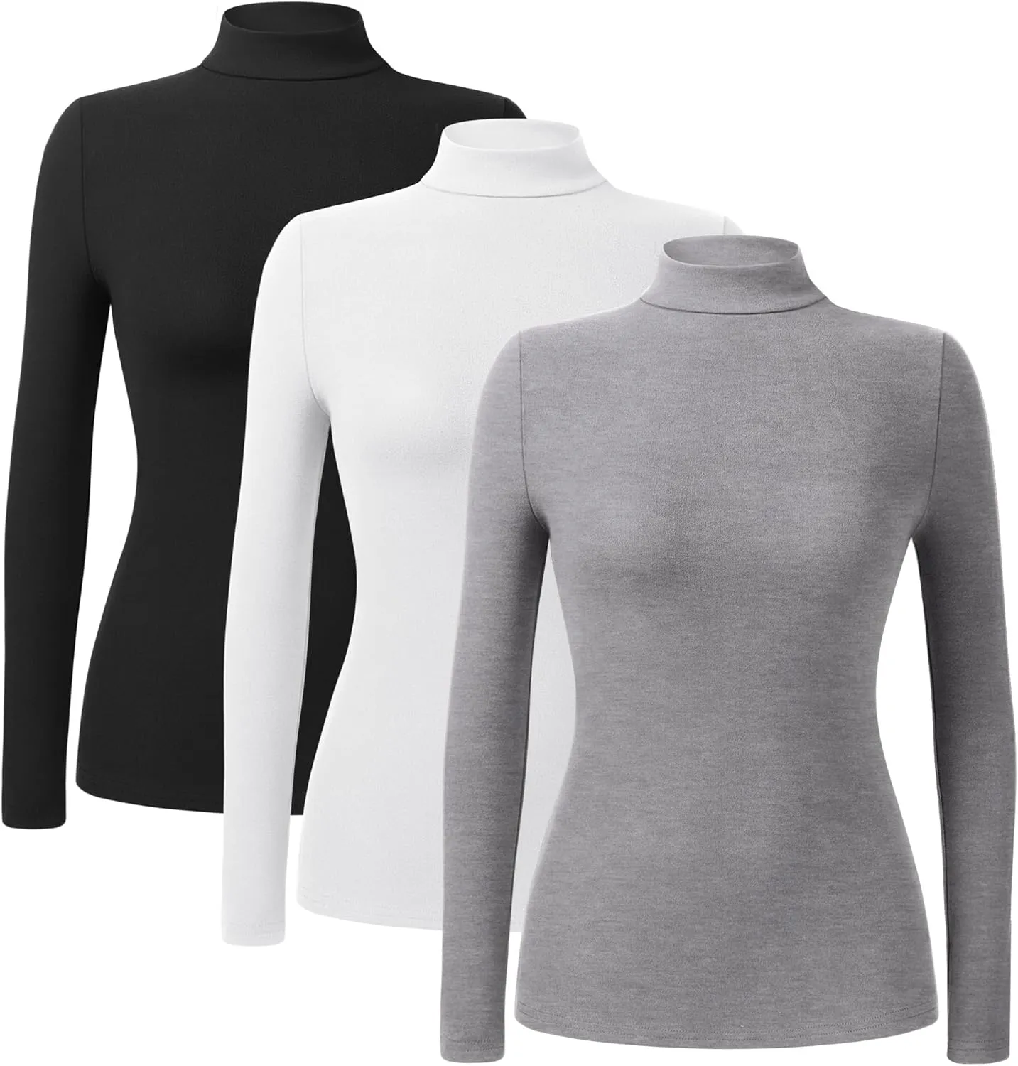 Ficerd 3 Pack Women's Mock Turtleneck Shirts, Fleece Lined Thermal Underwear Tops Long Sleeve Tight Base Layer Undershirts