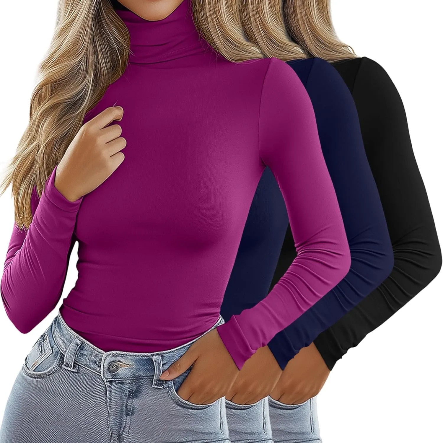 Ficerd 3 Pack Women's Turtleneck Tops, Long Sleeve Casual T-Shirts Slim Fitted Underwear Tops Thermal Base Layer Undershirts