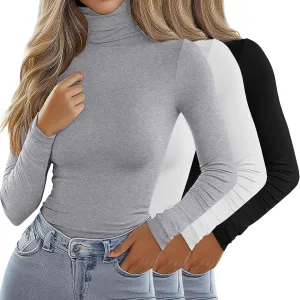 Ficerd 3 Pack Women's Turtleneck Tops, Long Sleeve Casual T-Shirts Slim Fitted Underwear Tops Thermal Base Layer Undershirts