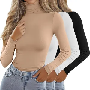 Ficerd 3 Pack Women's Turtleneck Tops, Long Sleeve Casual T-Shirts Slim Fitted Underwear Tops Thermal Base Layer Undershirts