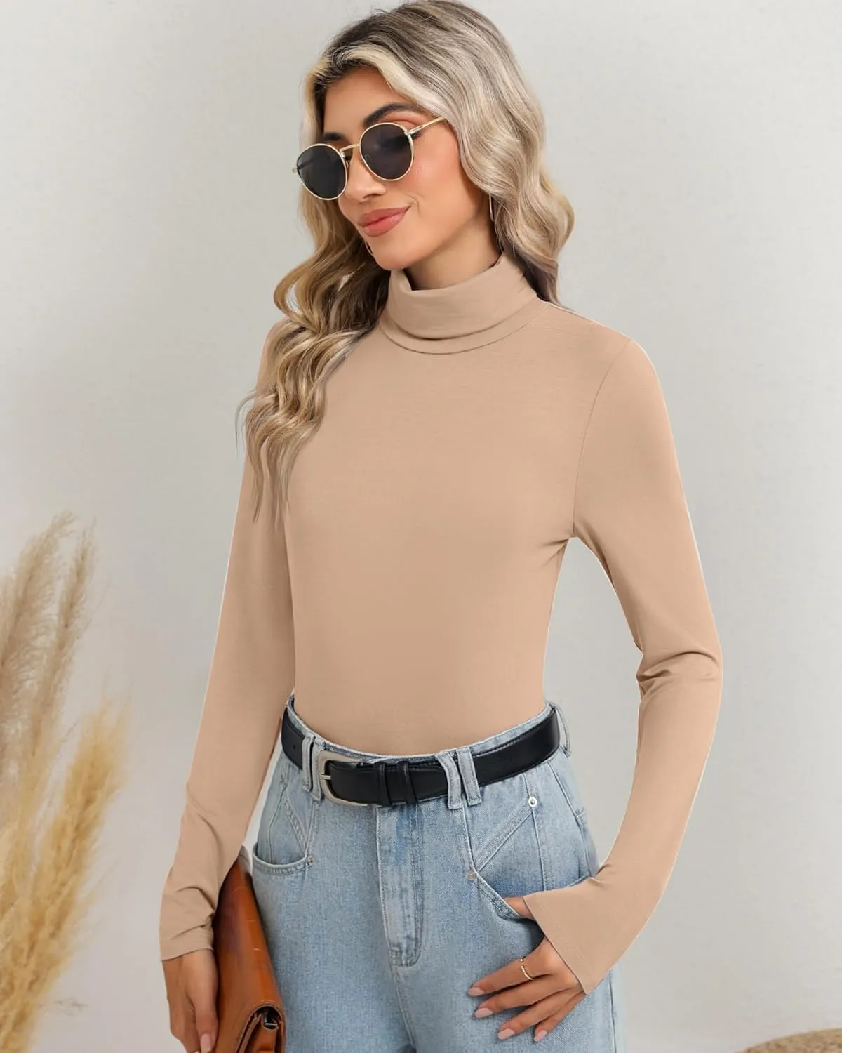 Ficerd 3 Pack Women's Turtleneck Tops, Long Sleeve Casual T-Shirts Slim Fitted Underwear Tops Thermal Base Layer Undershirts