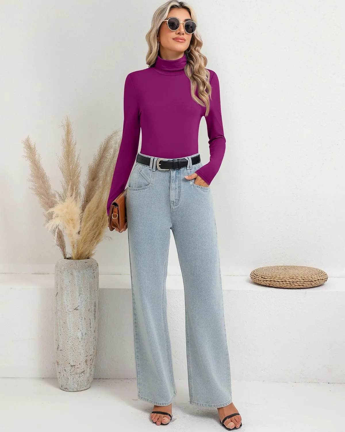 Ficerd 3 Pack Women's Turtleneck Tops, Long Sleeve Casual T-Shirts Slim Fitted Underwear Tops Thermal Base Layer Undershirts