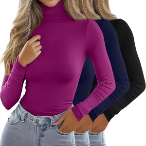 Ficerd 3 Pack Women's Turtleneck Tops, Long Sleeve Casual T-Shirts Slim Fitted Underwear Tops Thermal Base Layer Undershirts