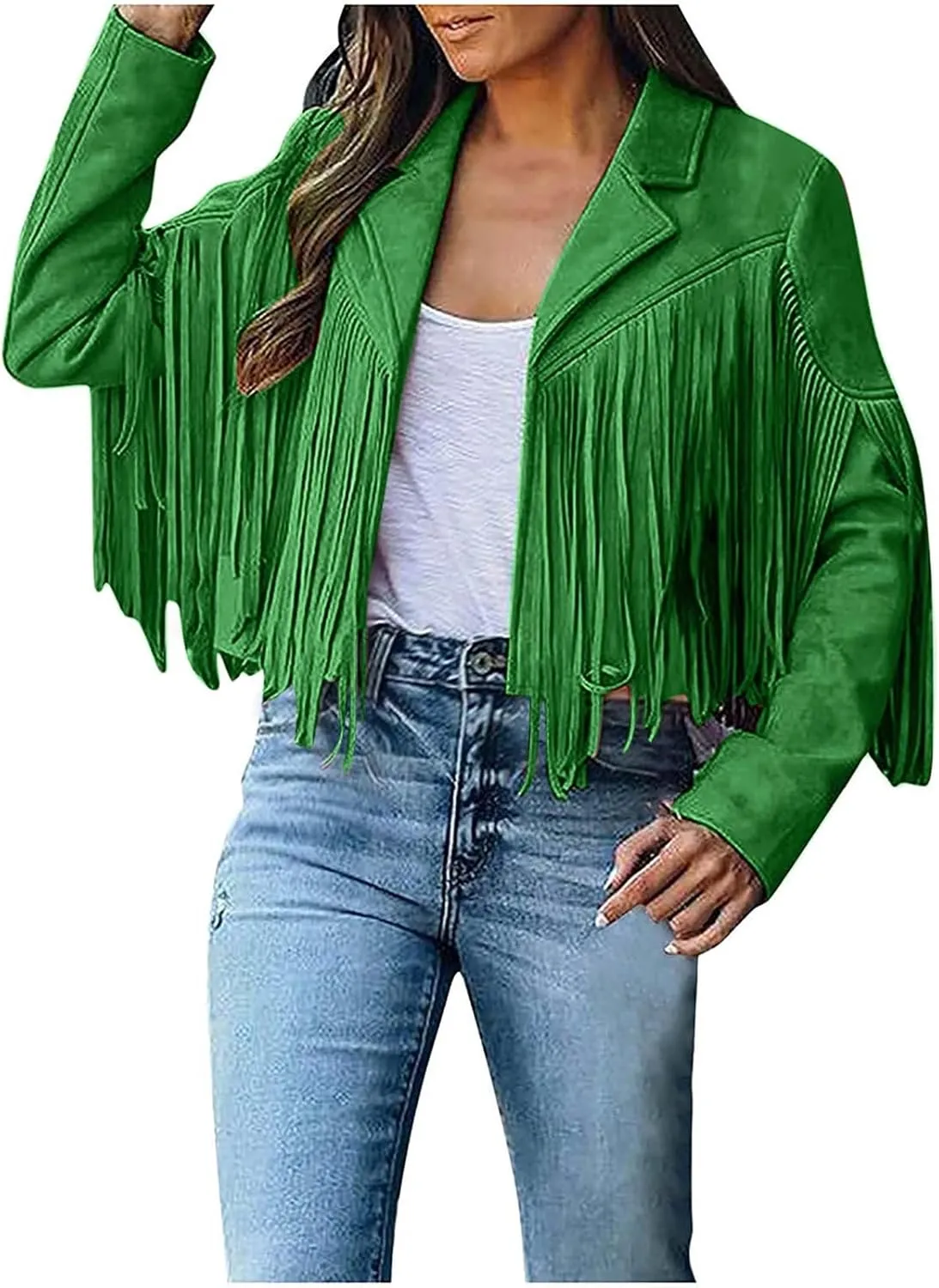 Firzero Tassels Coat Women Faux Suede Jacket Long Sleeve Fringe Jackets Motorcycle Moto Biker Short Open Front Cardigan 2024
