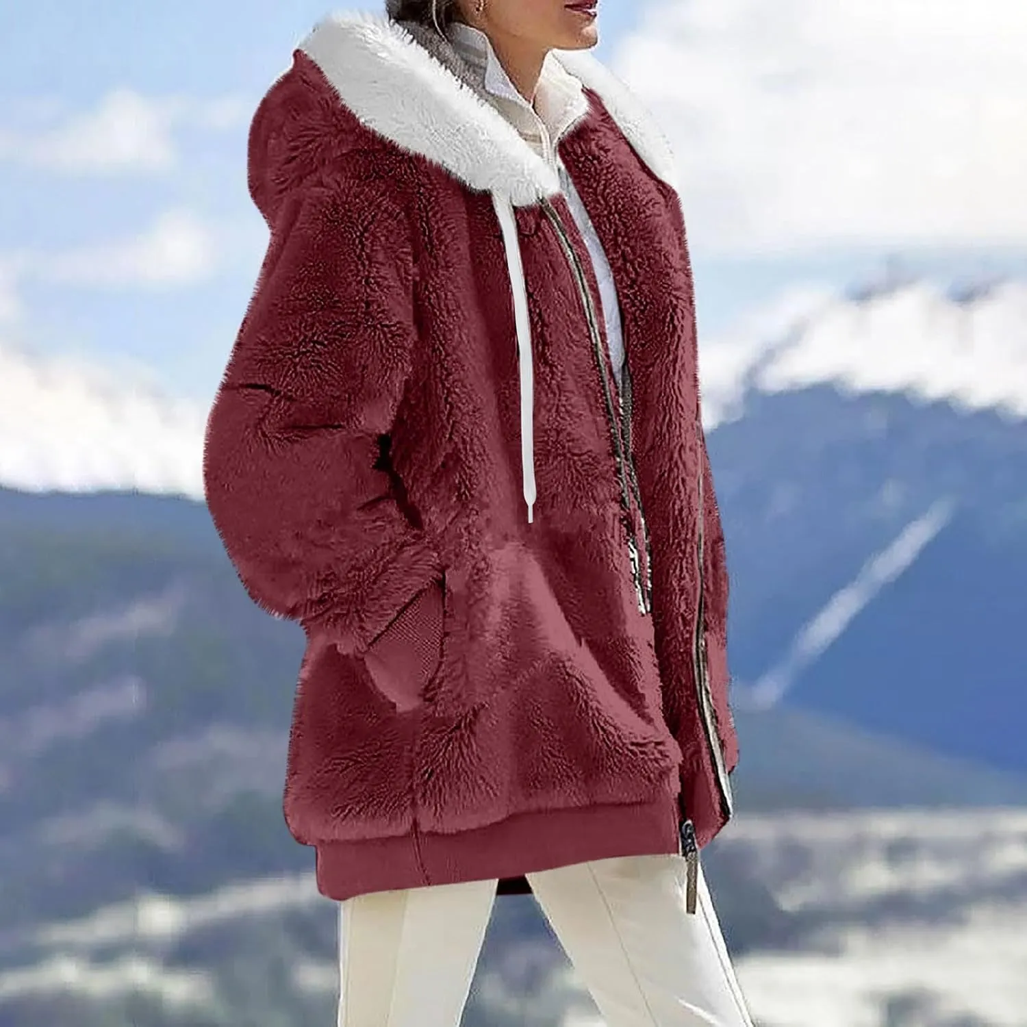 Fleece Jackets for Women 2024 Winter Sherpa Lined Full Zip Hooded Jacket Plus Size Fuzzy Coats with Pockets S-5XL