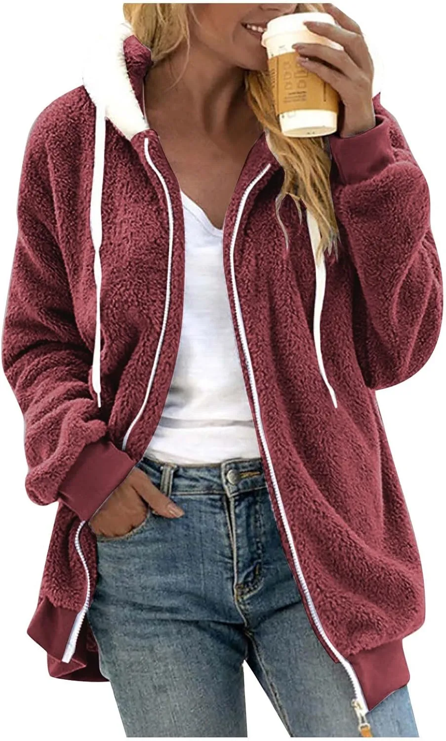 Fleece Jackets for Women 2024 Winter Sherpa Lined Full Zip Hooded Jacket Plus Size Fuzzy Coats with Pockets S-5XL