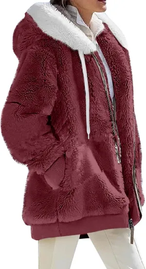 Fleece Jackets for Women 2024 Winter Sherpa Lined Full Zip Hooded Jacket Plus Size Fuzzy Coats with Pockets S-5XL