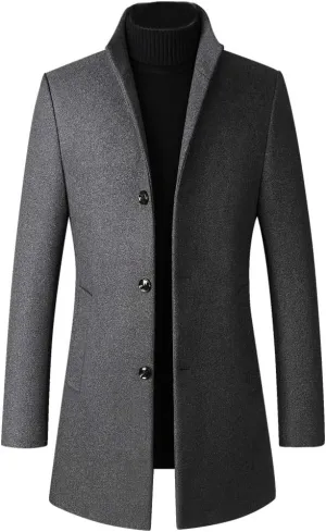 FTCayanz Men's Trench Coat Wool Blend Slim Fit Top Coat Single Breasted Business Overcoat