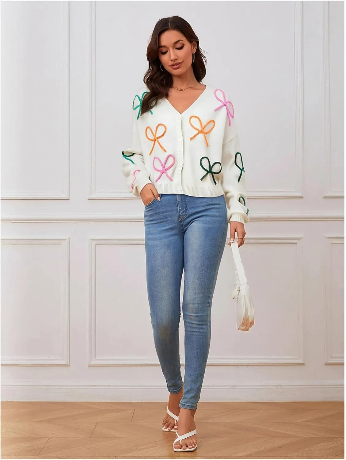 GORGLITTER Women's Bow Button Up Cardigan Sweater V Neck Long Sleeve Oversized Fall Cardigans